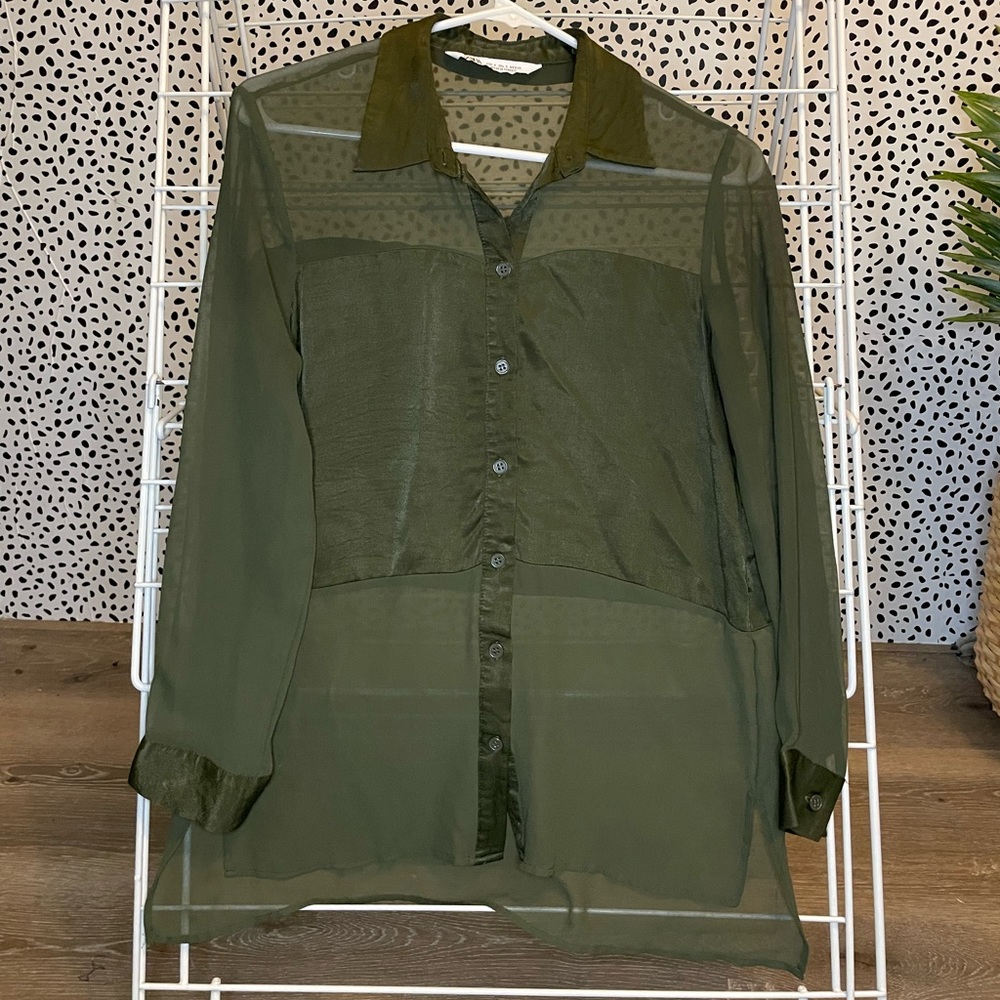 Zara Olive Sheer Block Button Down